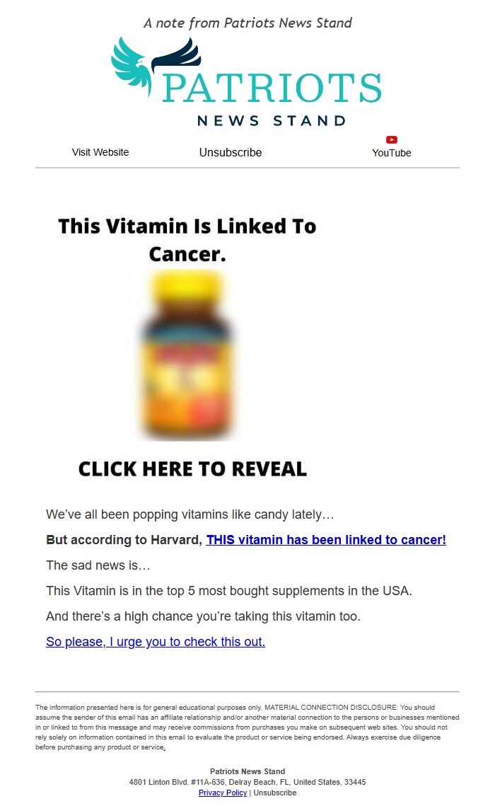 Screenshot of the email generated on import