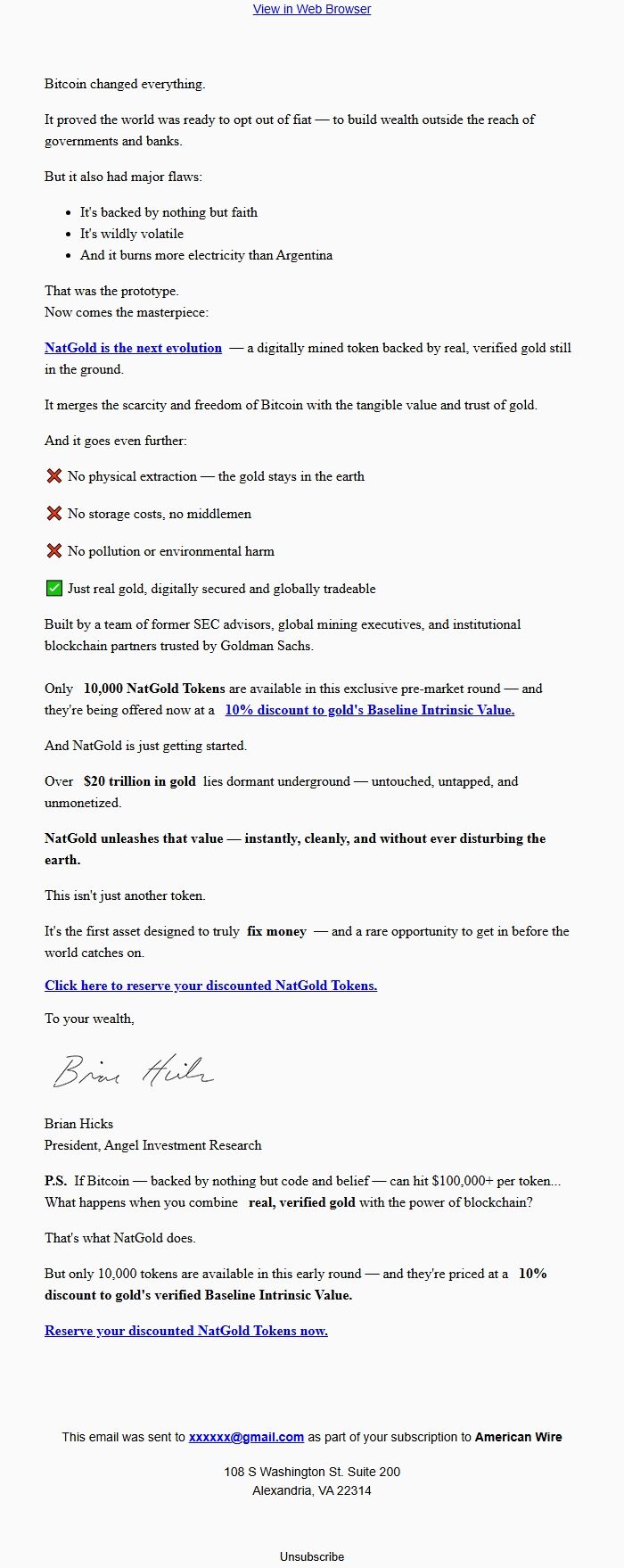 Screenshot of the email generated on import