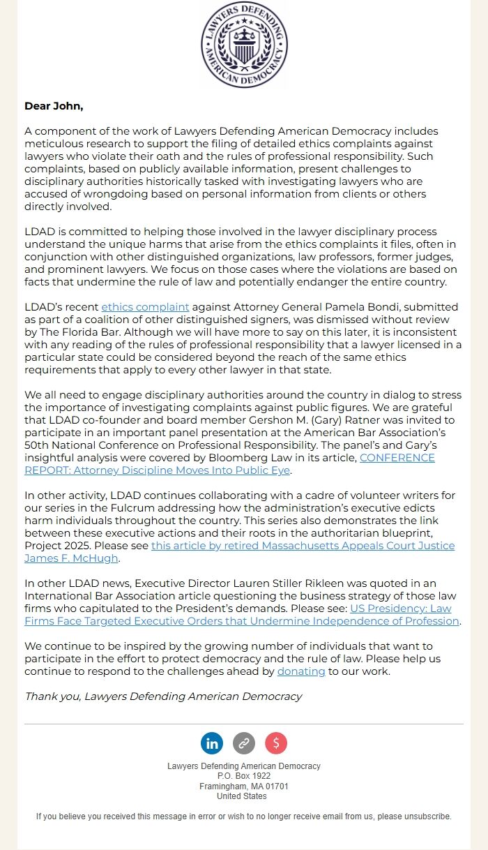 Screenshot of the email generated on import