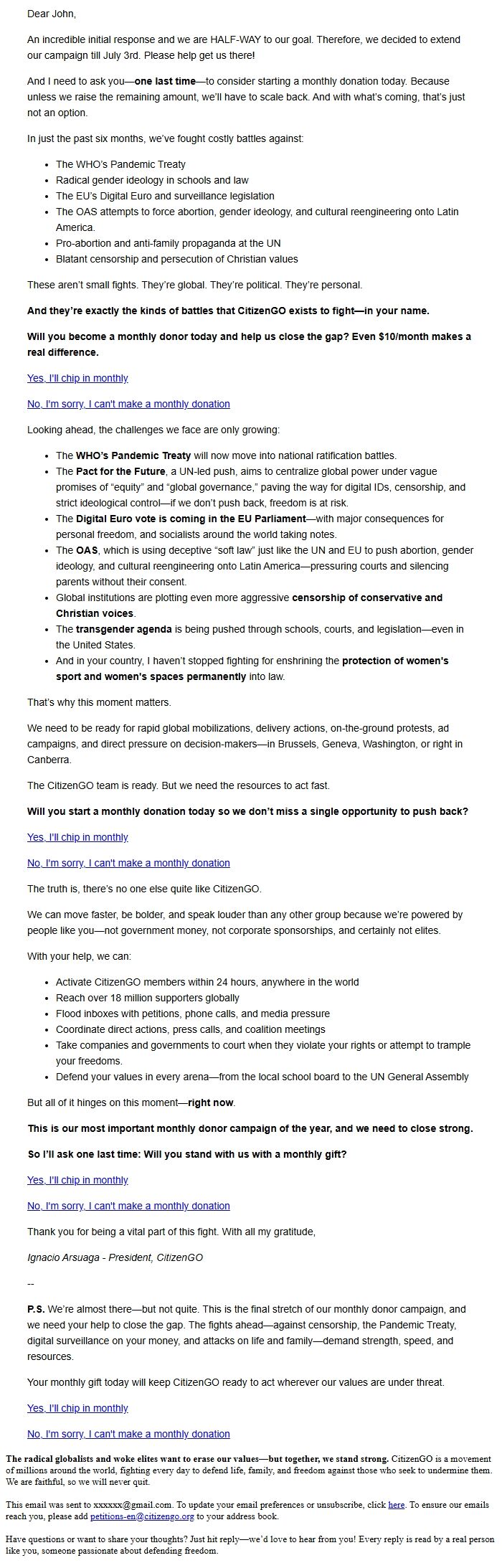 Screenshot of the email generated on import