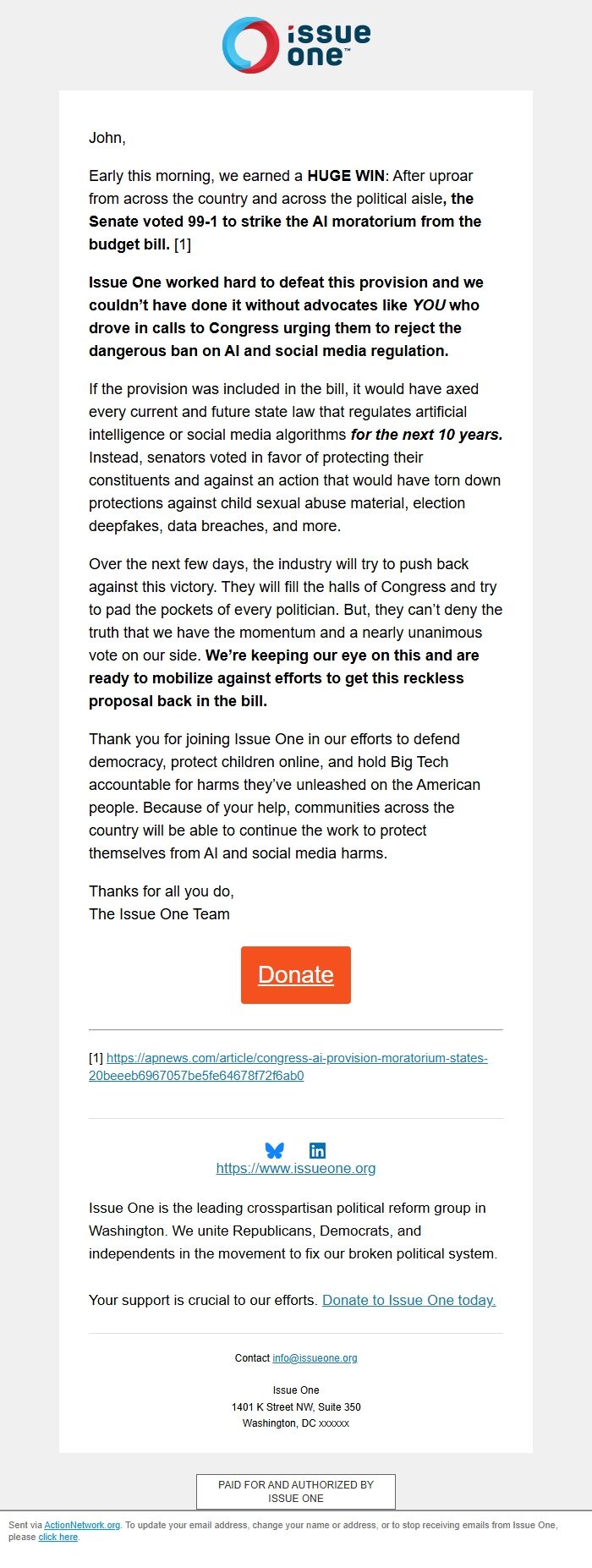 Screenshot of the email generated on import
