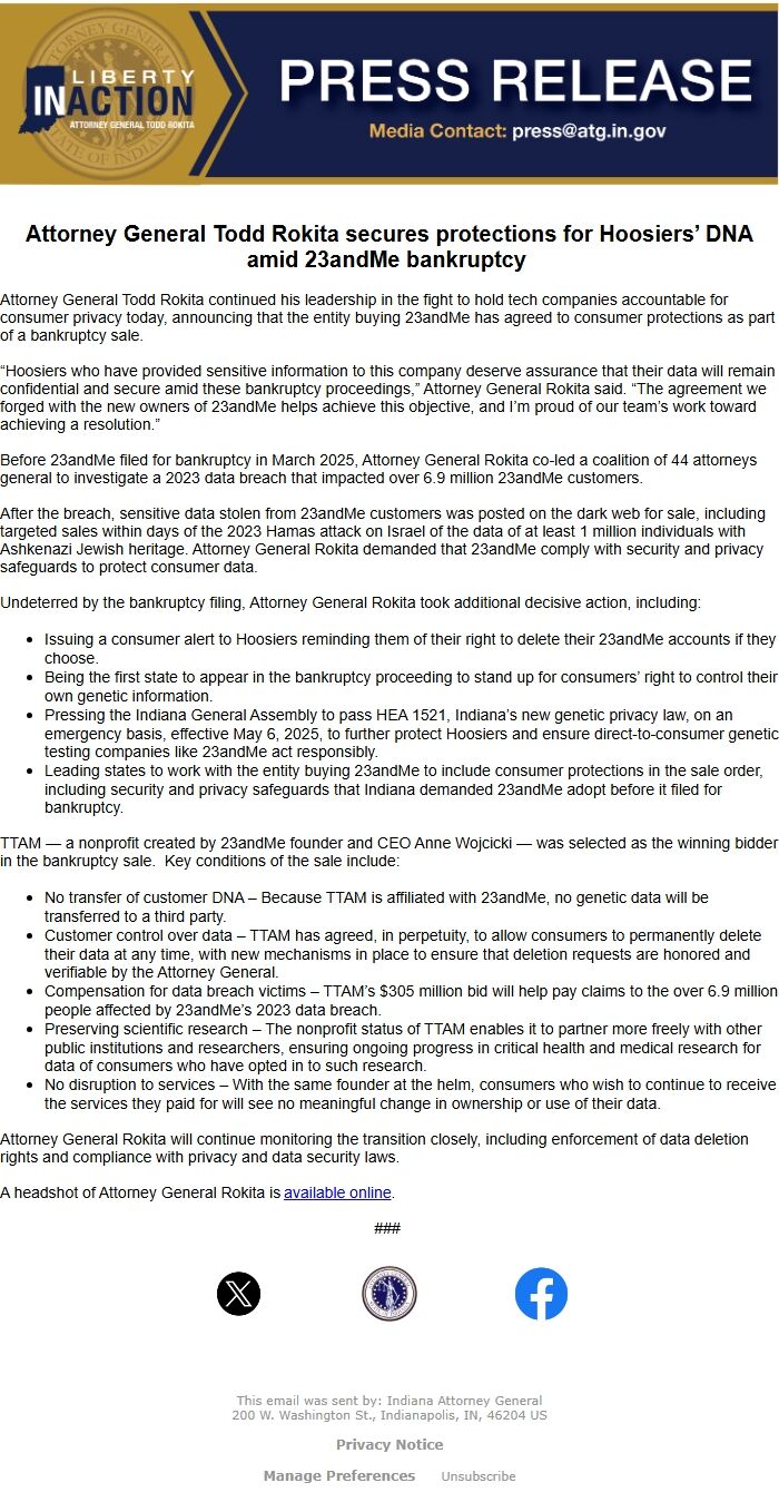 Screenshot of the email generated on import