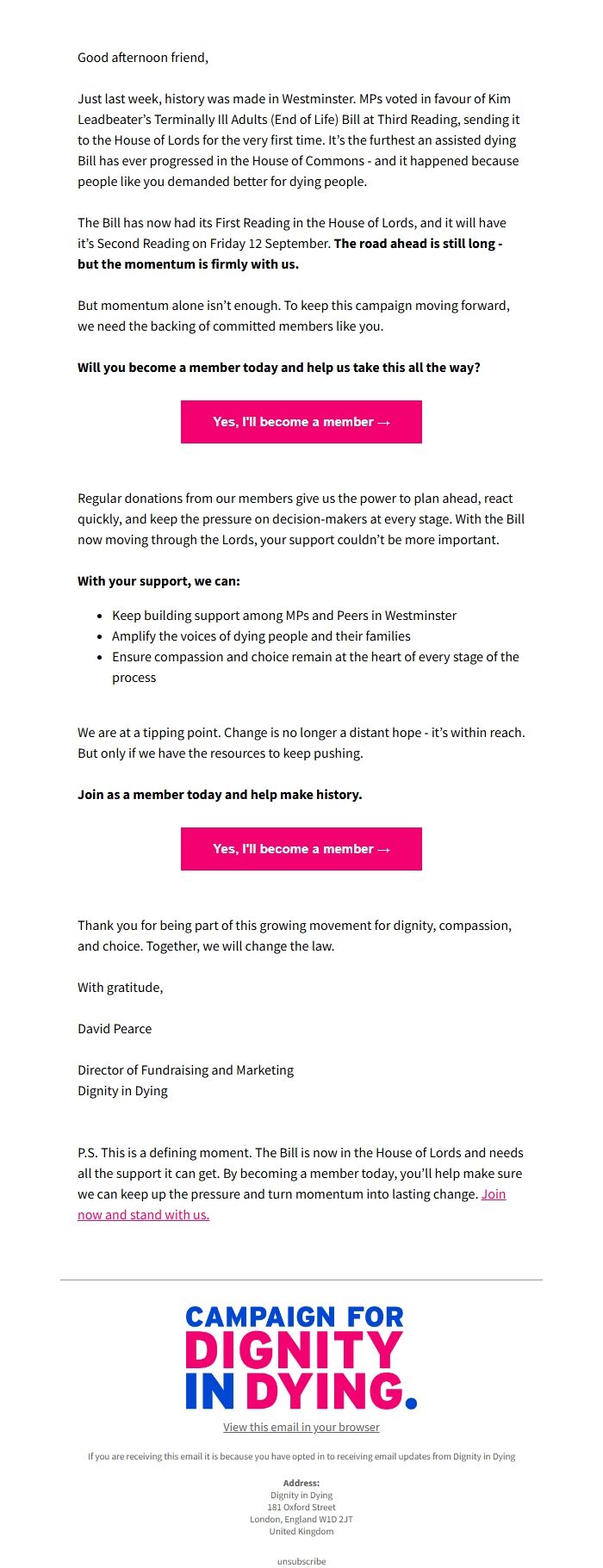 Screenshot of the email generated on import