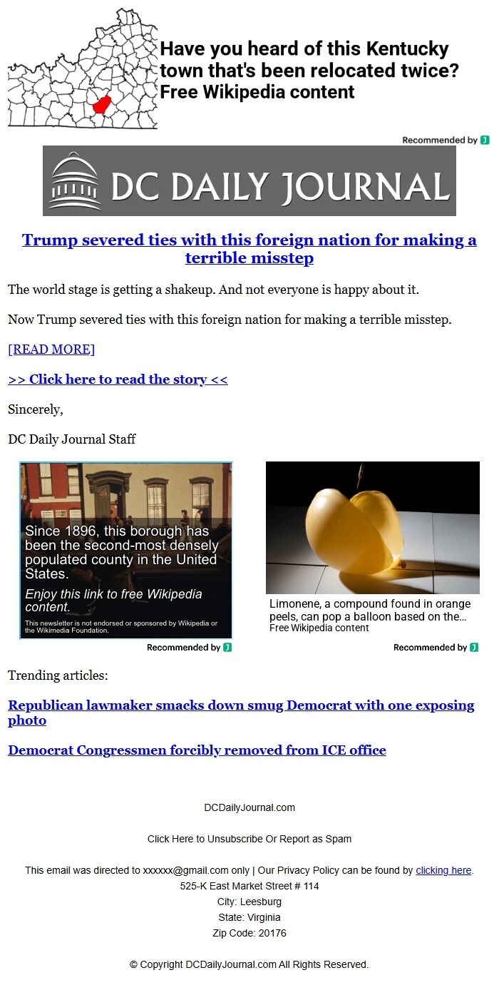 Screenshot of the email generated on import