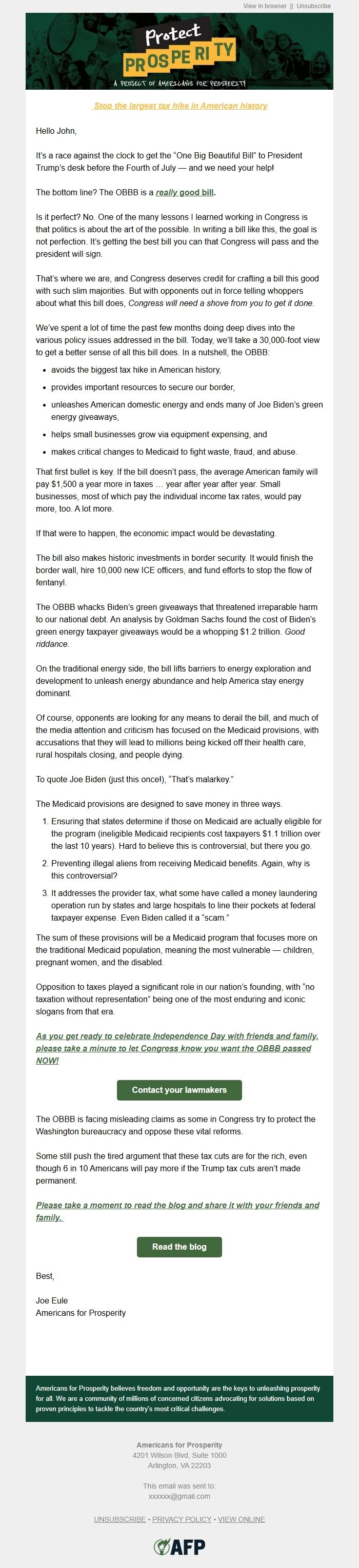 Screenshot of the email generated on import