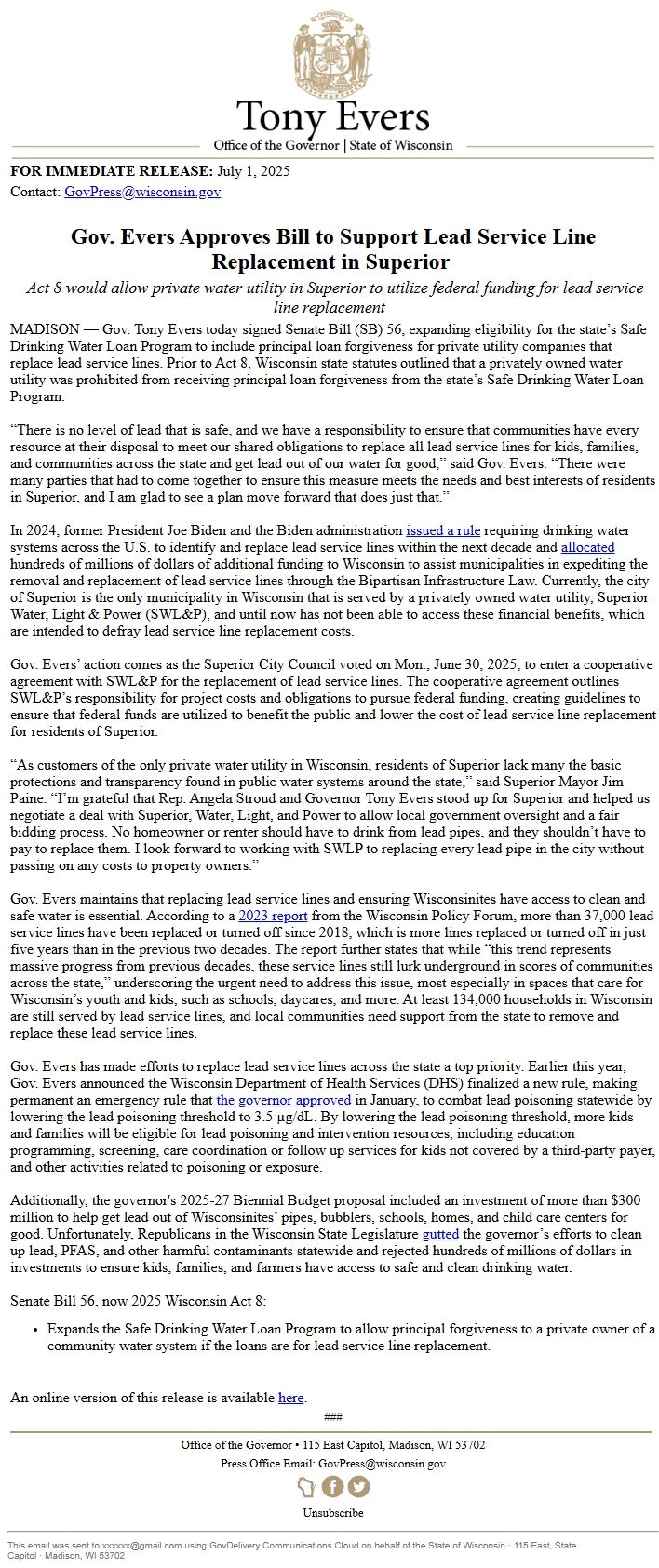 Screenshot of the email generated on import