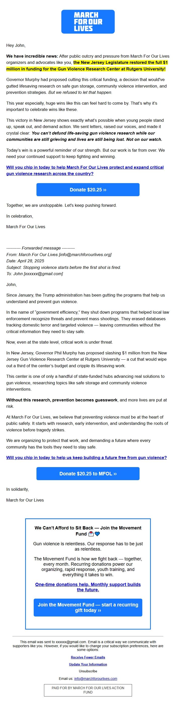 Screenshot of the email generated on import