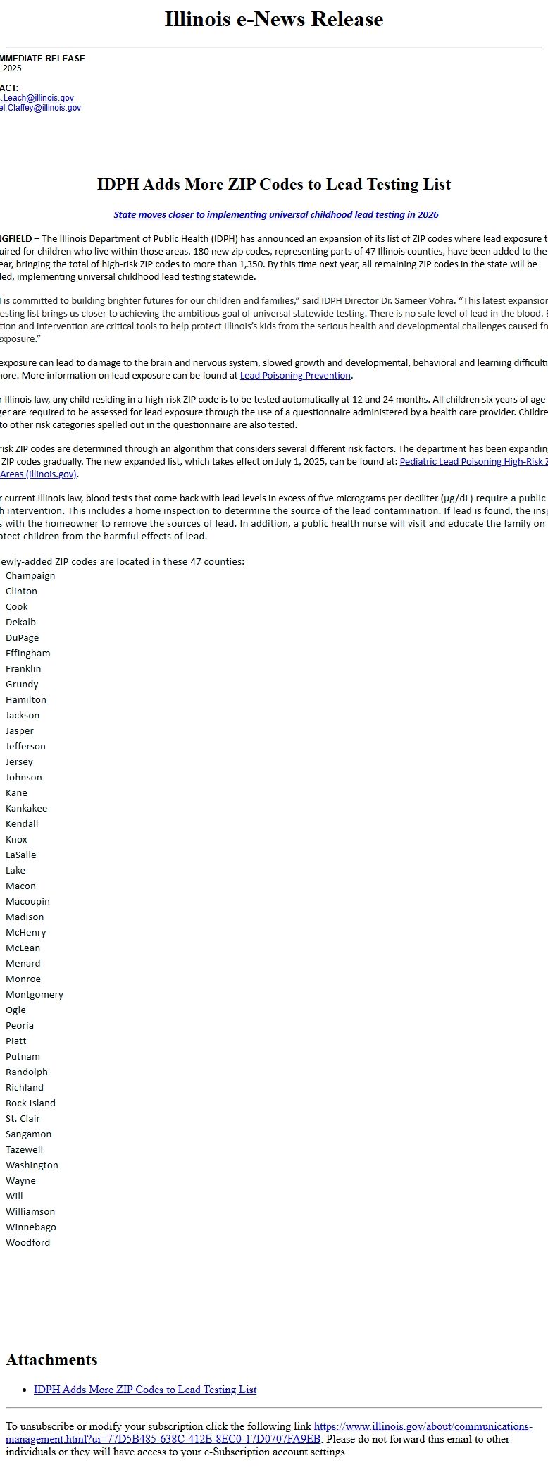 Screenshot of the email generated on import