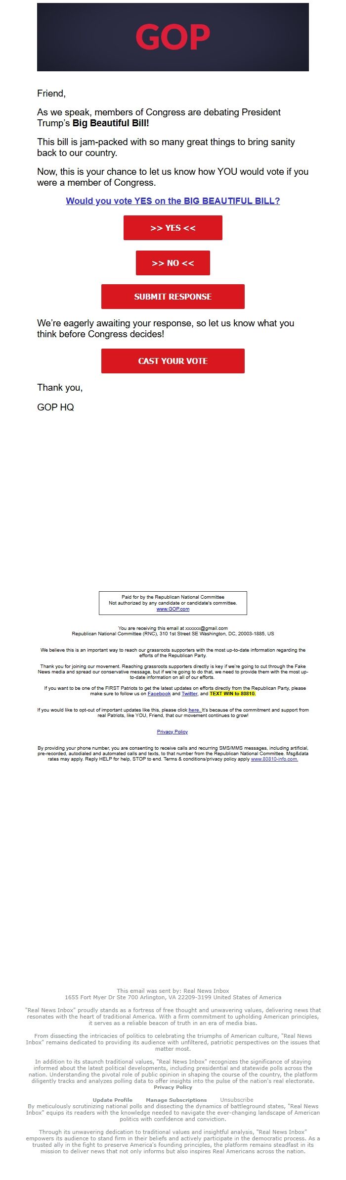 Screenshot of the email generated on import