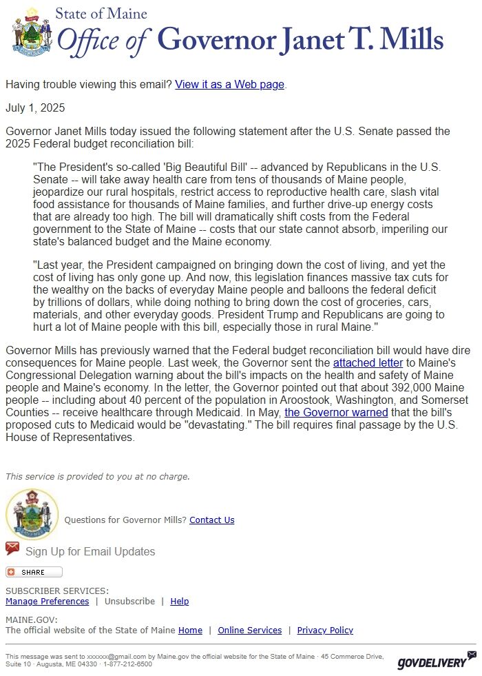 Screenshot of the email generated on import