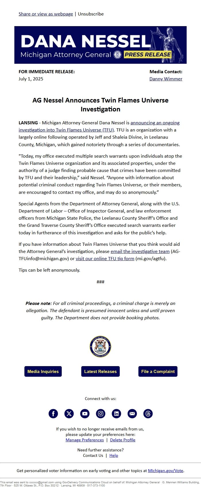 Screenshot of the email generated on import