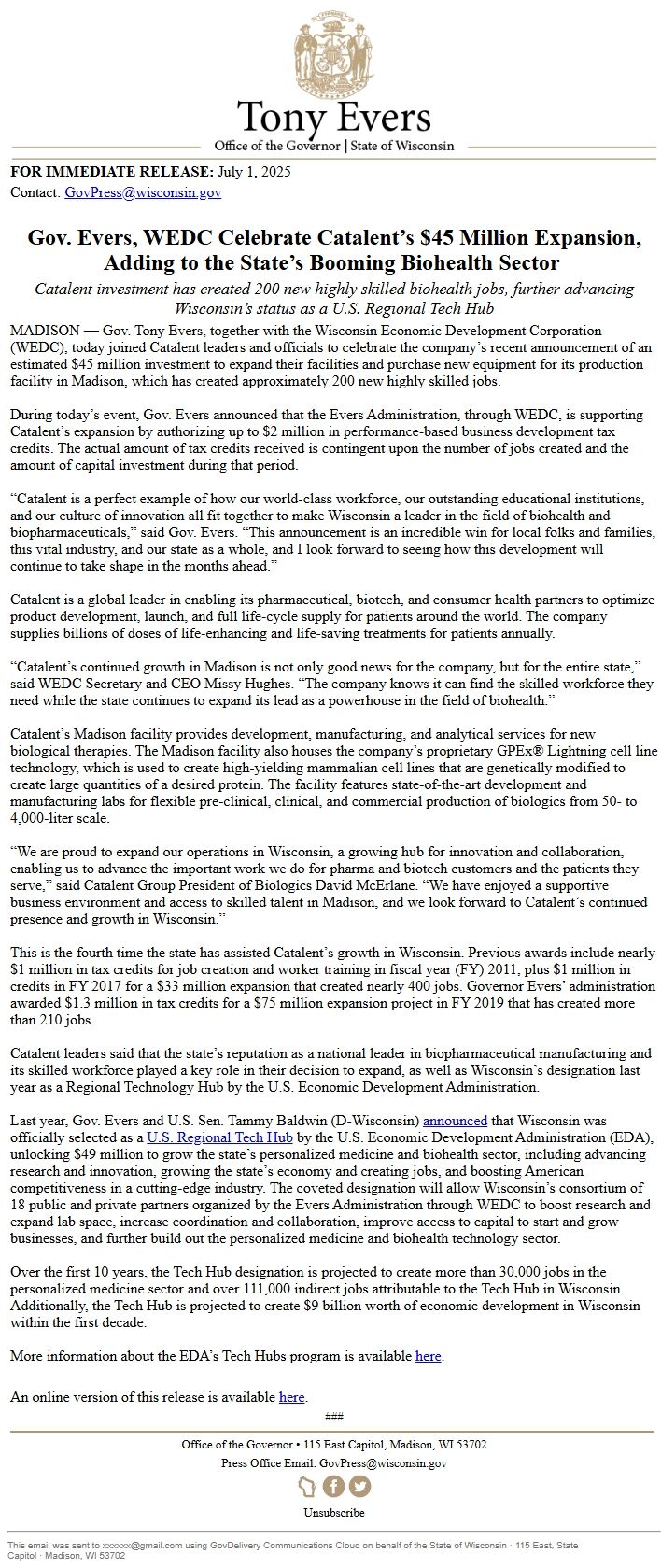 Screenshot of the email generated on import