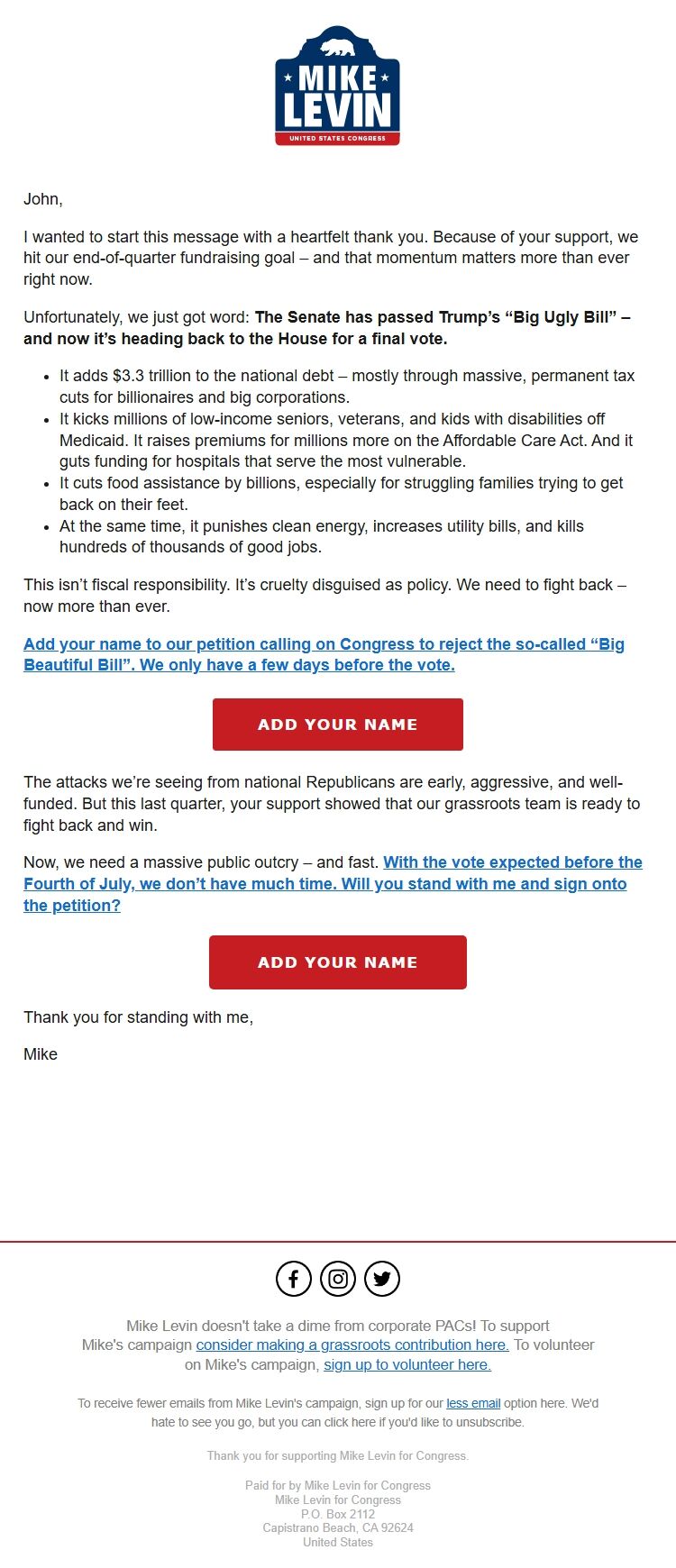 Screenshot of the email generated on import