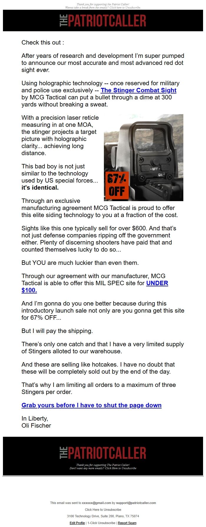 Screenshot of the email generated on import
