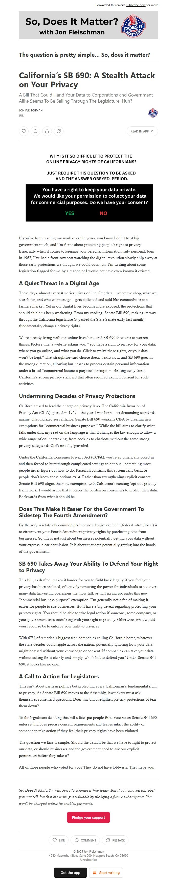 Screenshot of the email generated on import