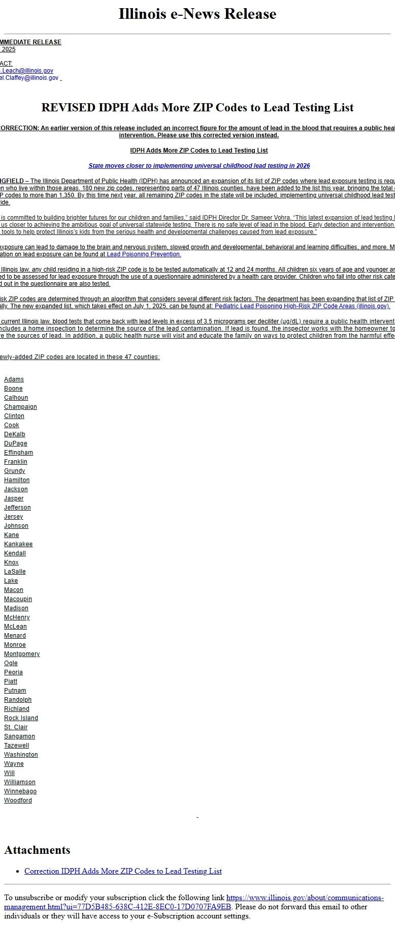 Screenshot of the email generated on import