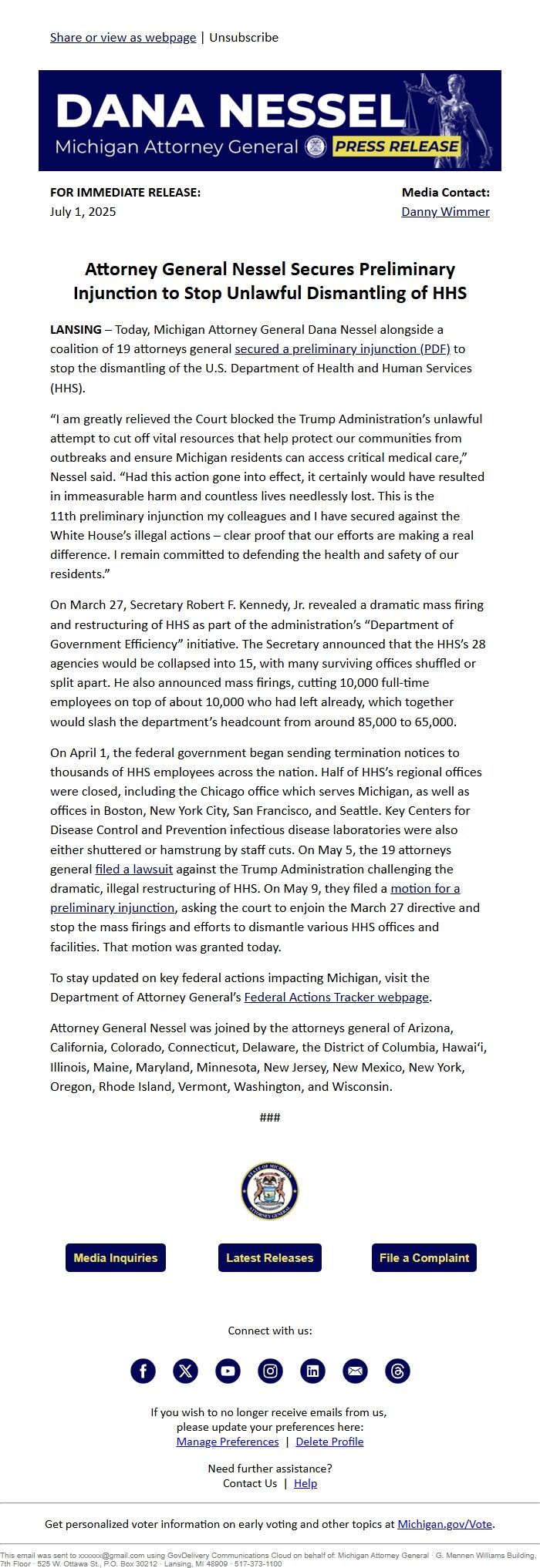 Screenshot of the email generated on import