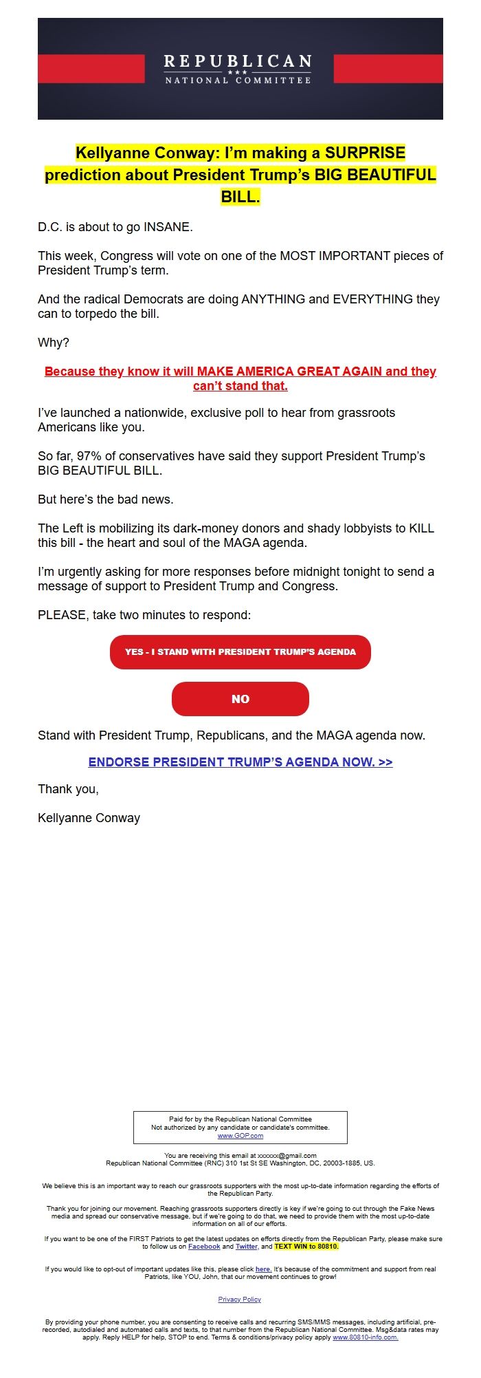 Screenshot of the email generated on import