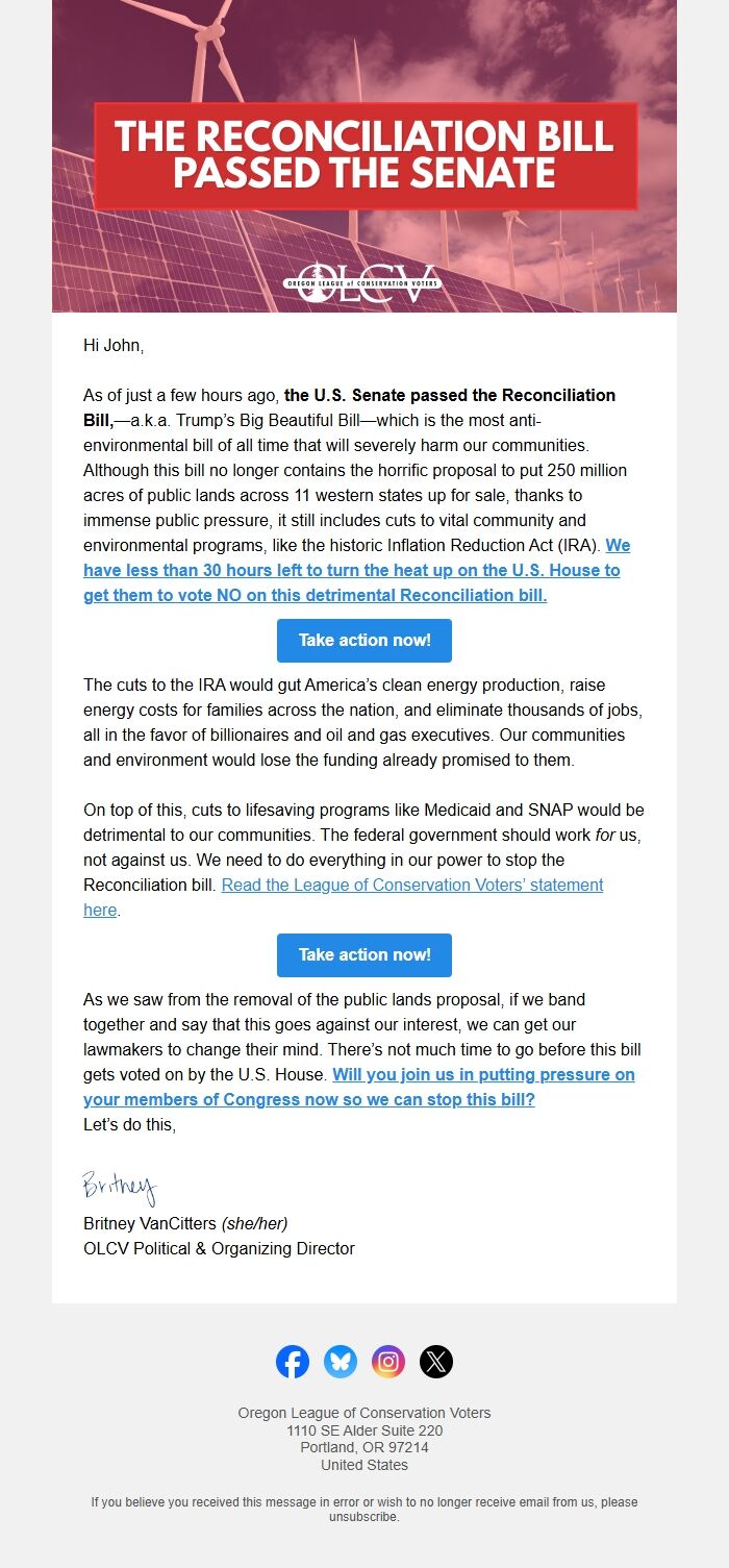 Screenshot of the email generated on import