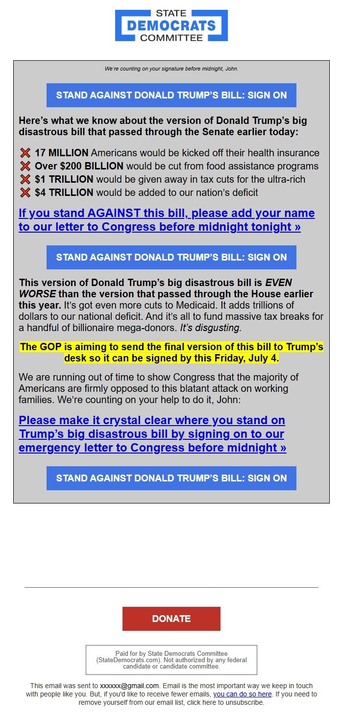 Screenshot of the email generated on import