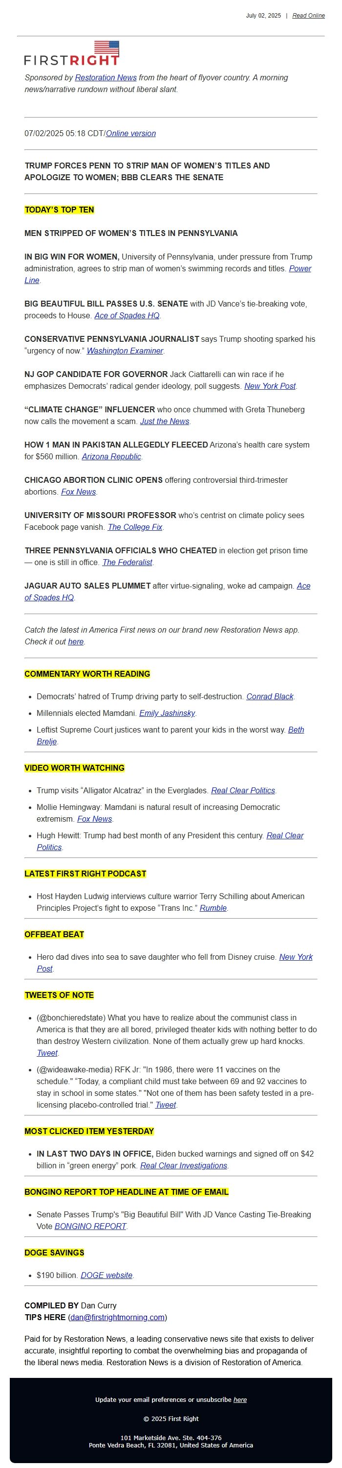 Screenshot of the email generated on import