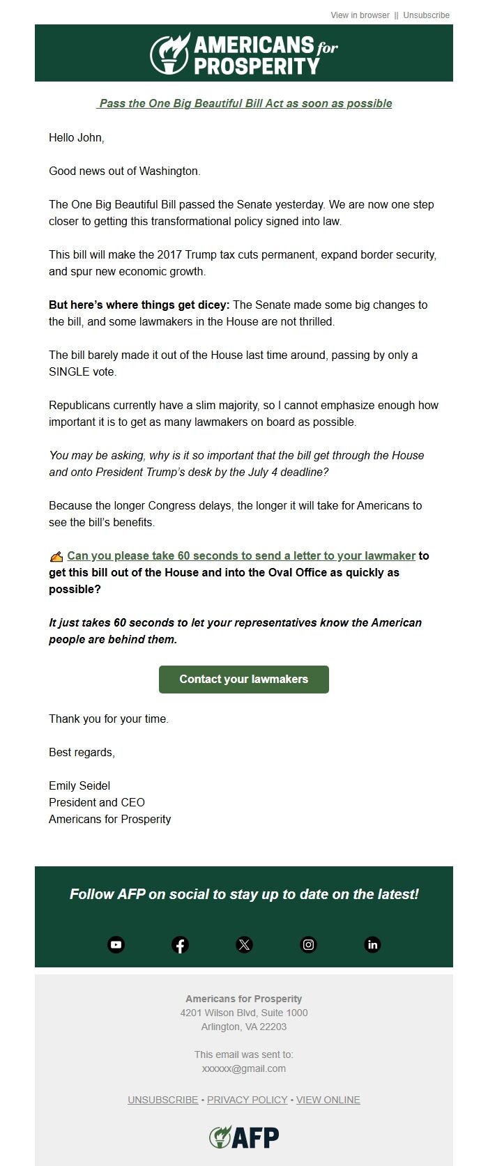 Screenshot of the email generated on import