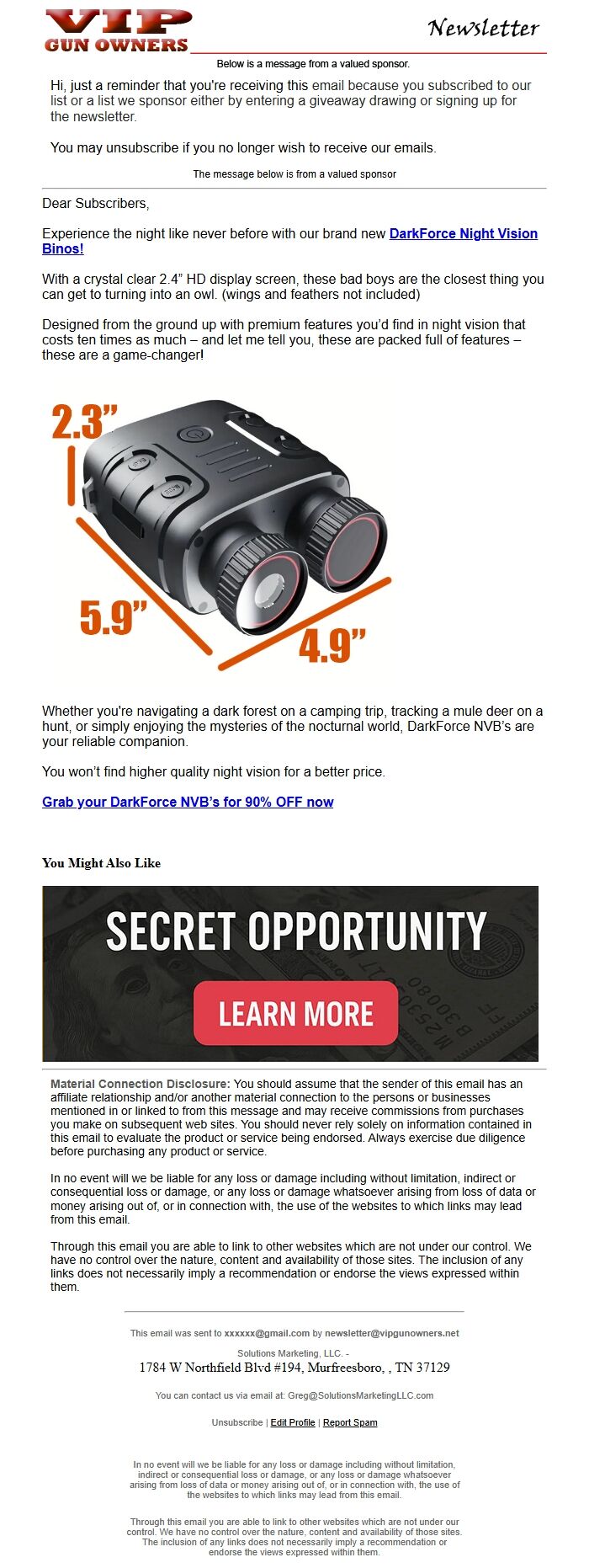 Screenshot of the email generated on import