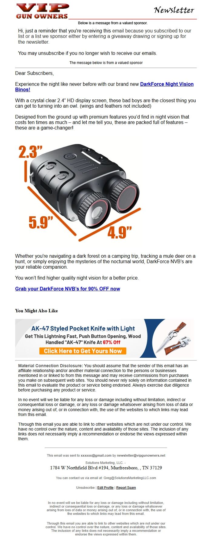 Screenshot of the email generated on import