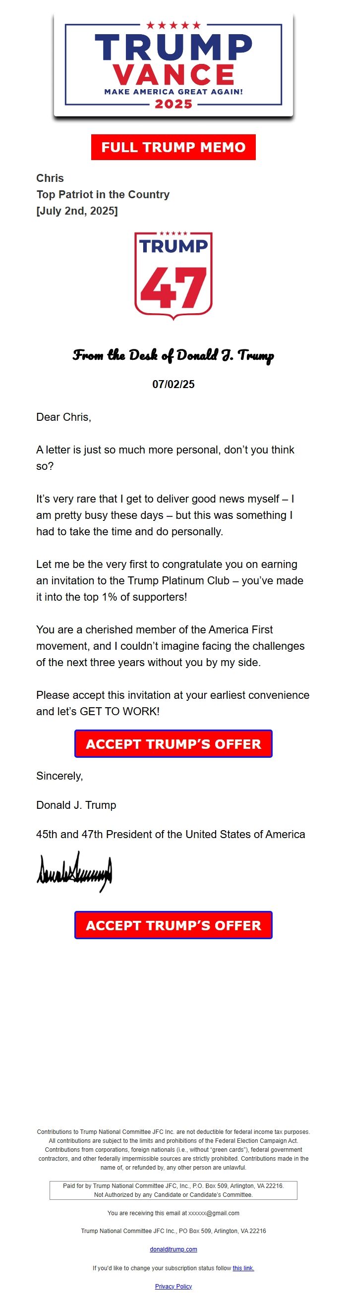 Screenshot of the email generated on import
