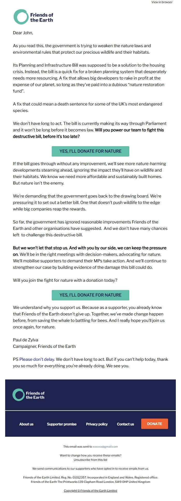 Screenshot of the email generated on import