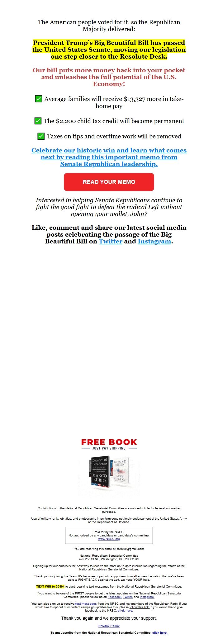 Screenshot of the email generated on import