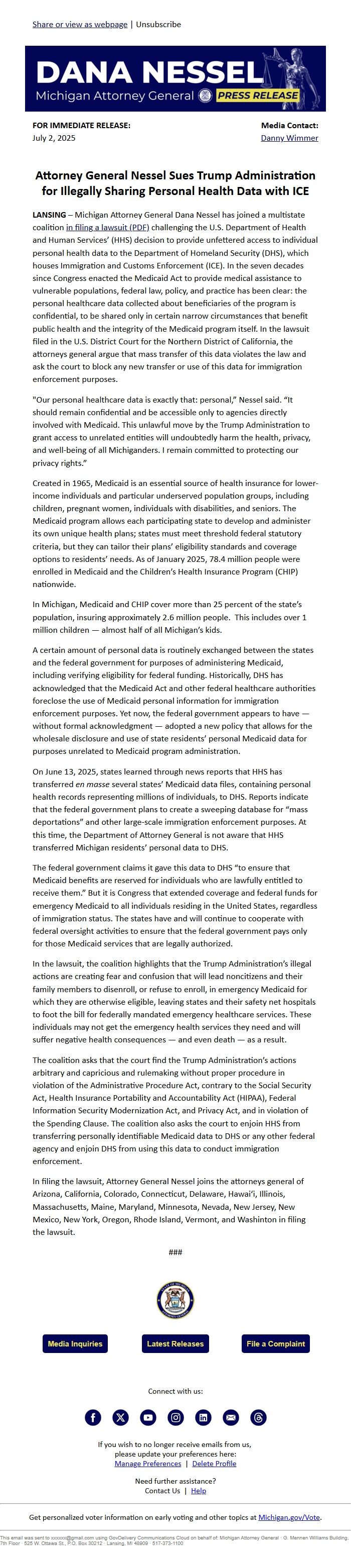 Screenshot of the email generated on import