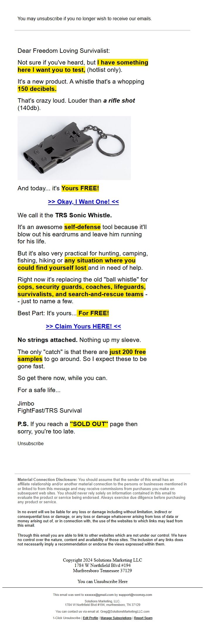 Screenshot of the email generated on import