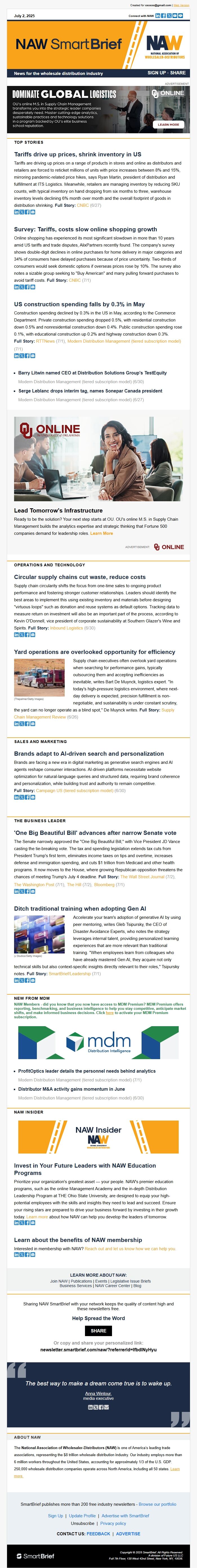 Screenshot of the email generated on import