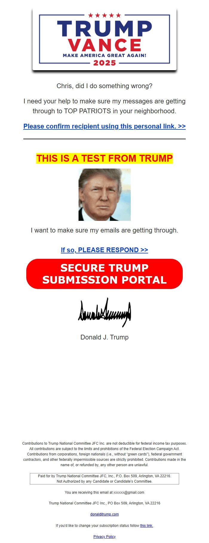 Screenshot of the email generated on import