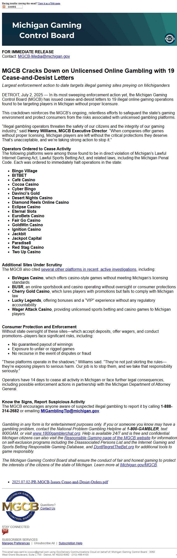 Screenshot of the email generated on import
