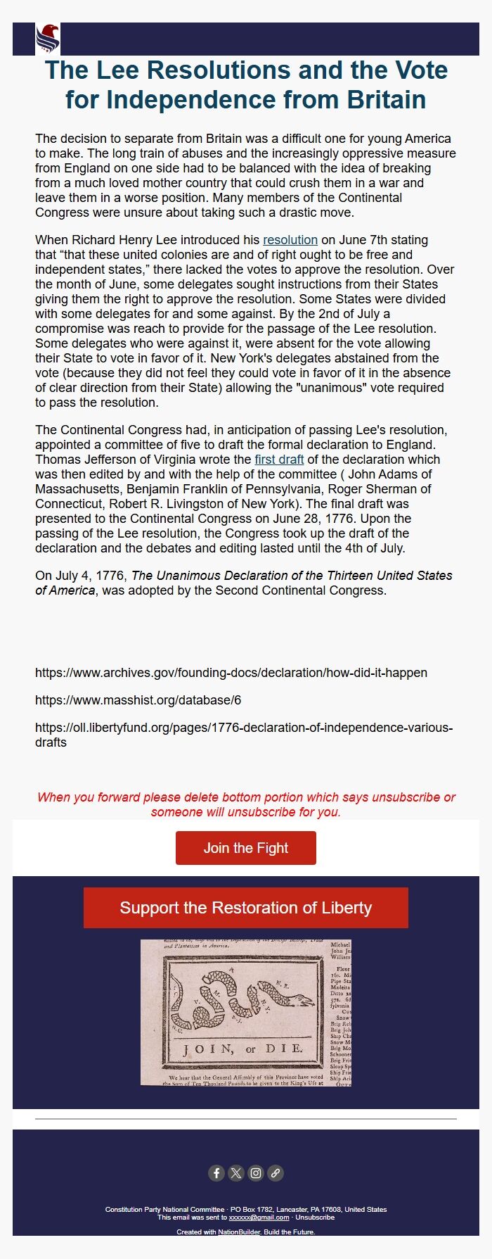 Screenshot of the email generated on import