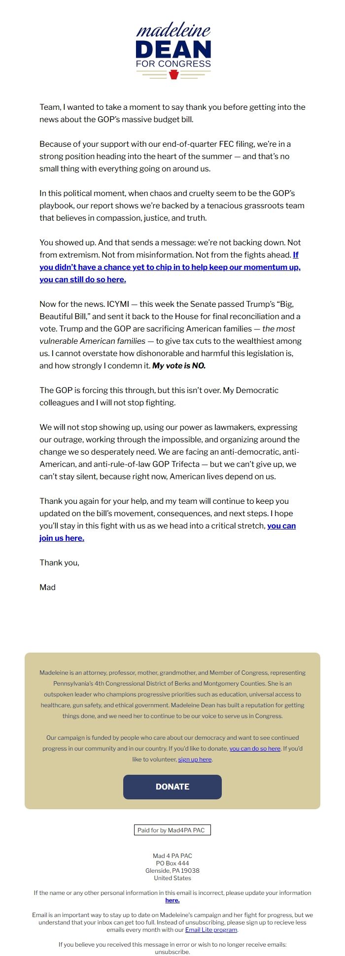Screenshot of the email generated on import