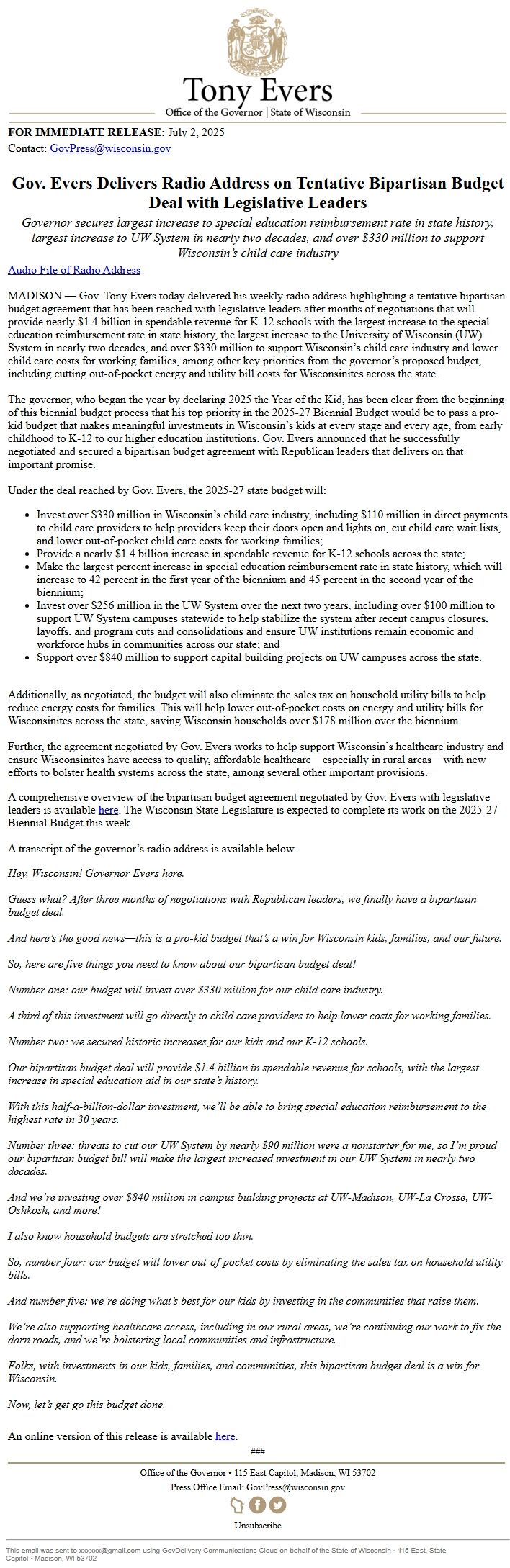 Screenshot of the email generated on import