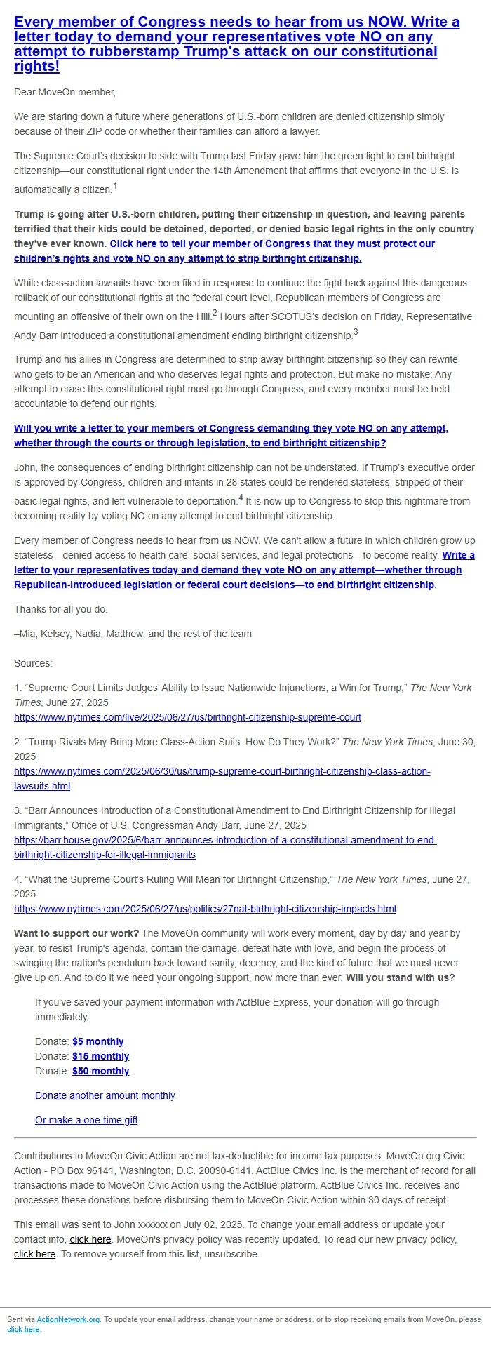 Screenshot of the email generated on import