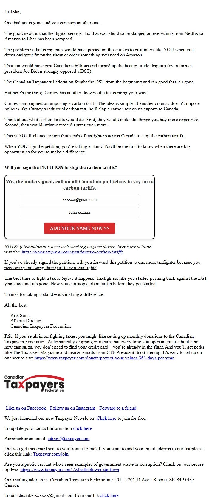 Screenshot of the email generated on import