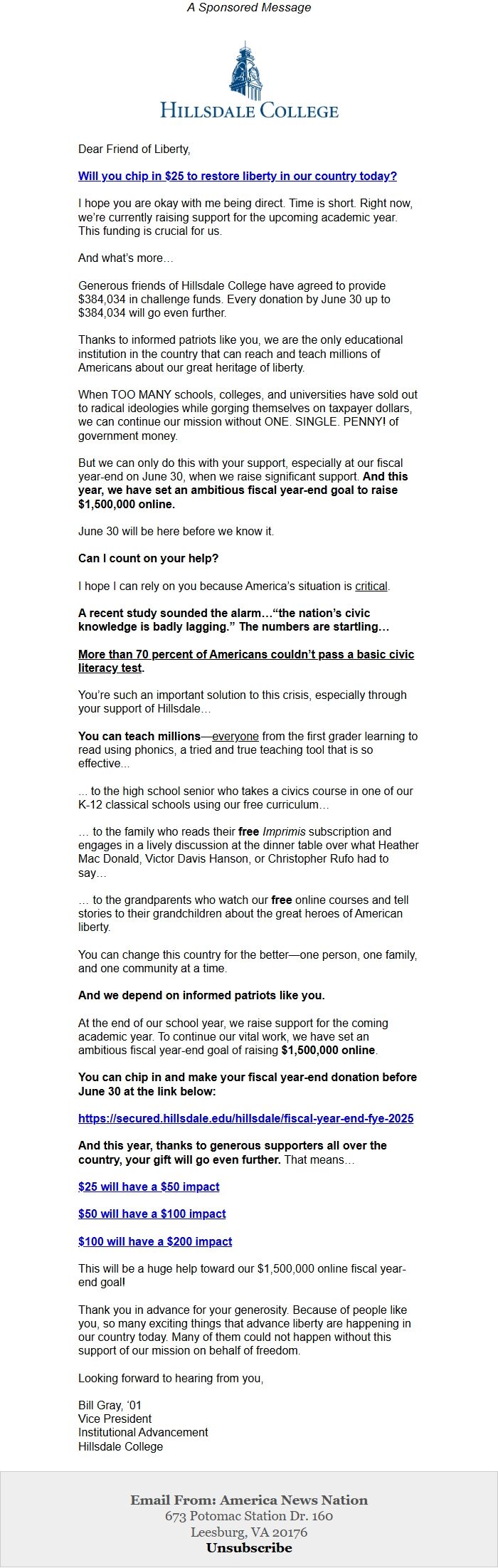 Screenshot of the email generated on import