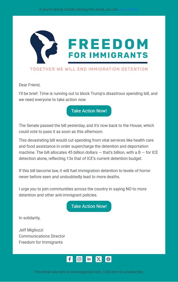 Screenshot of the email generated on import