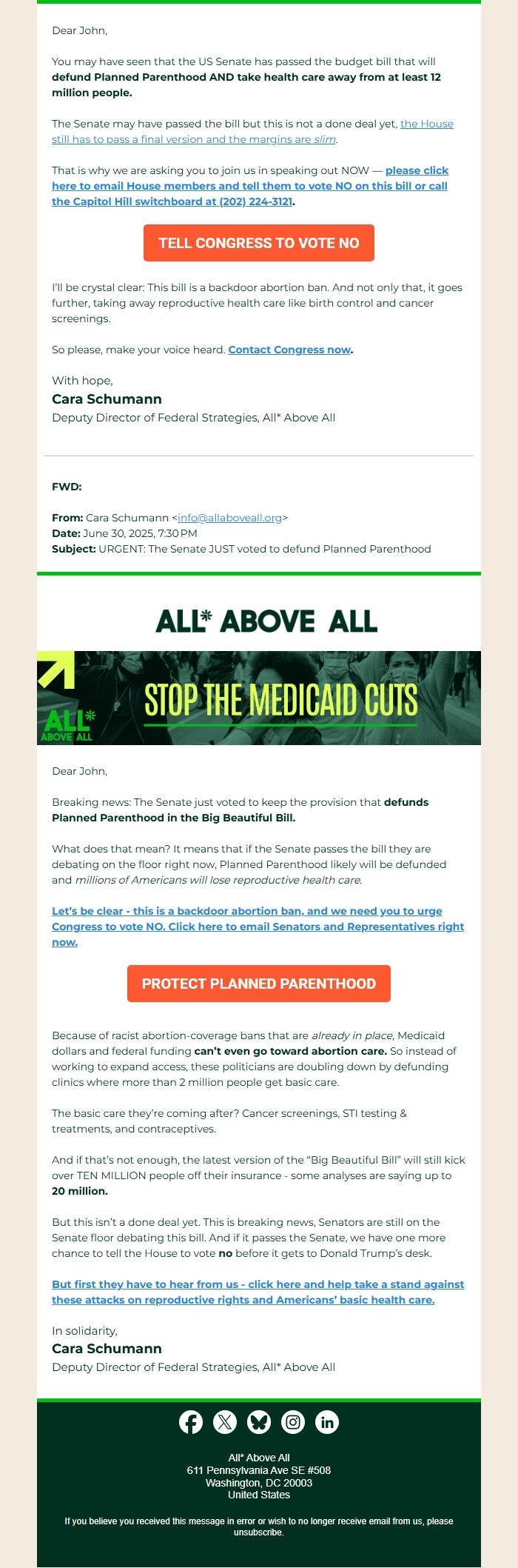 Screenshot of the email generated on import