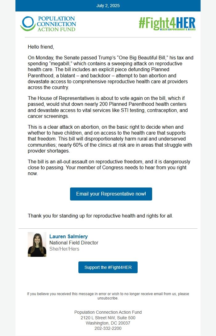 Screenshot of the email generated on import