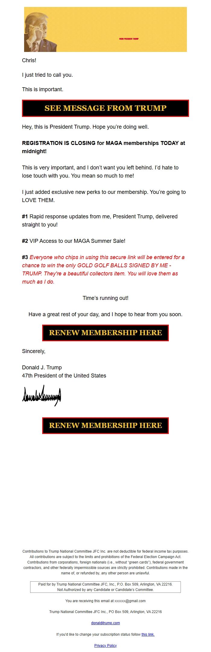 Screenshot of the email generated on import
