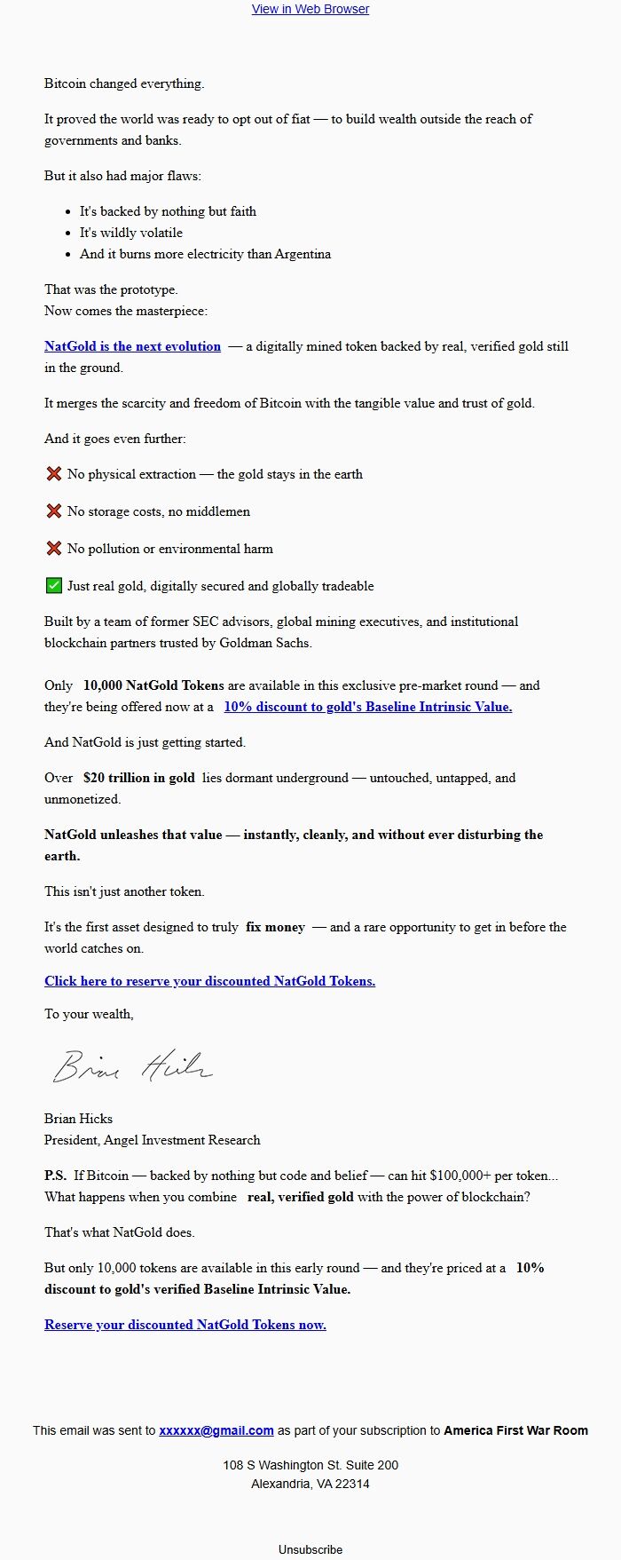 Screenshot of the email generated on import