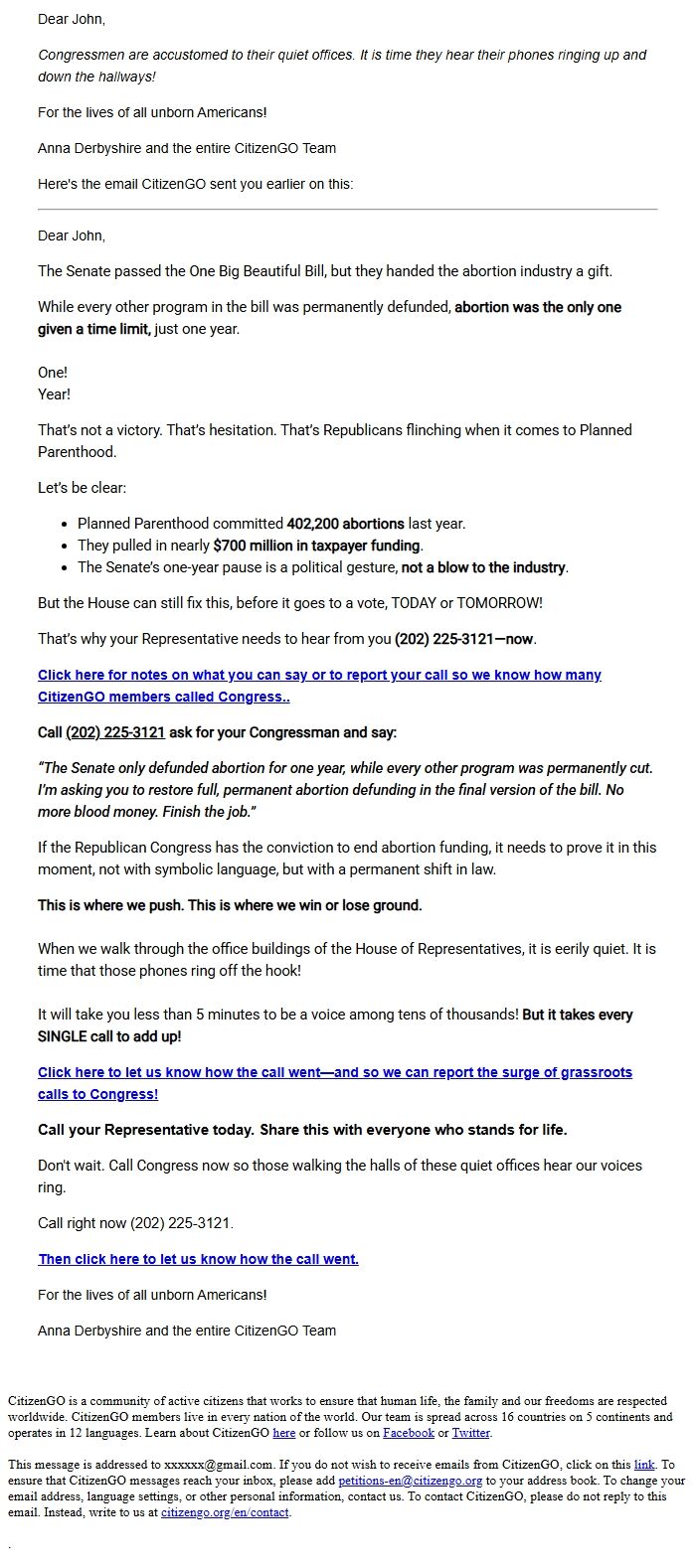 Screenshot of the email generated on import