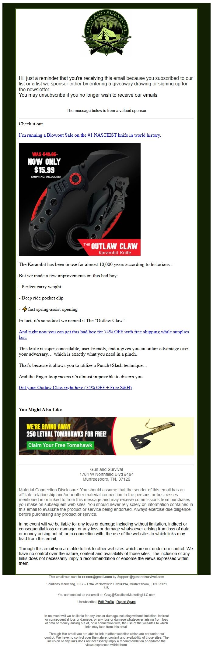 Screenshot of the email generated on import