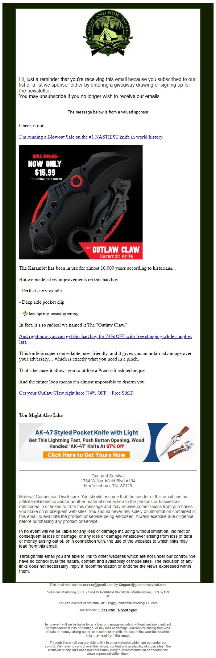 Screenshot of the email generated on import